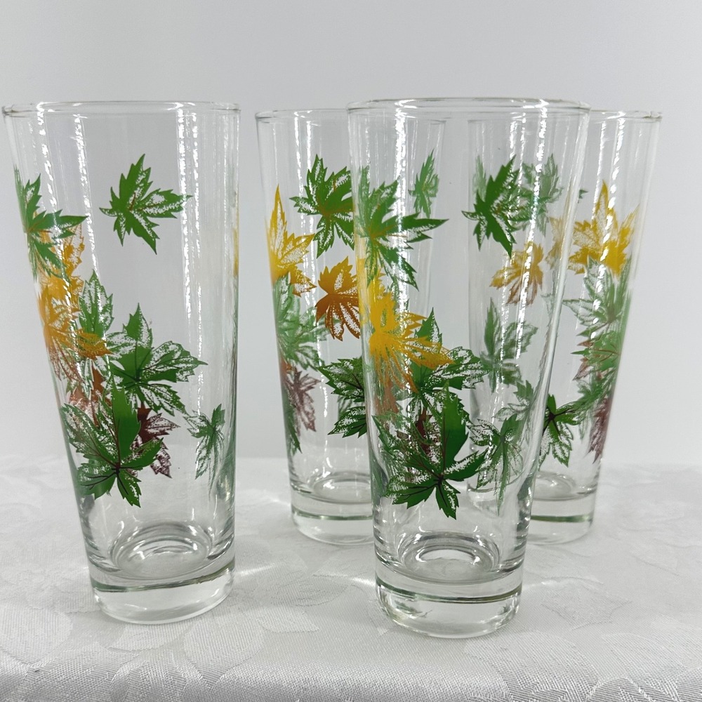 Vintage Maple Leaf Fall Tall Tumblers Clear Green Yellow Brown Set 4 Salem MCM